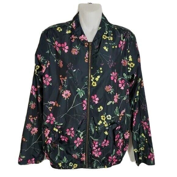 Signature Weekend Women Windbreaker Jacket Medium Black Floral Full Zip Raincoat - Picture 1 of 12